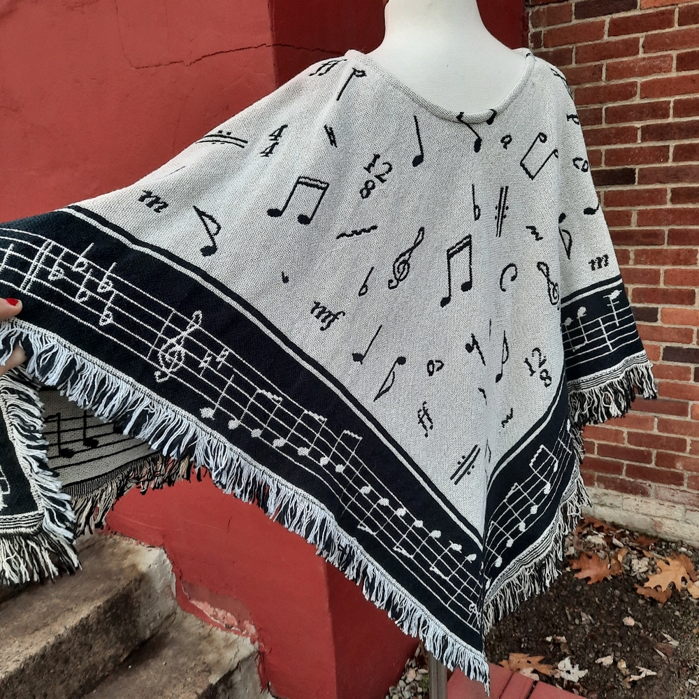 Vintage 90's Tapestry Blanket Throw Coat Poncho Cape Music Notes Fringe Novelty - Picture 10 of 13